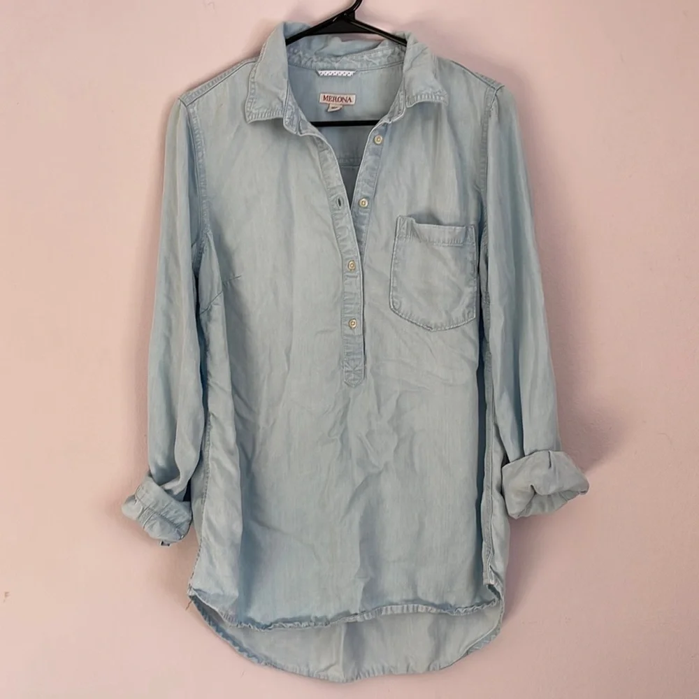 Blue half Button Up - Picture 1 of 7